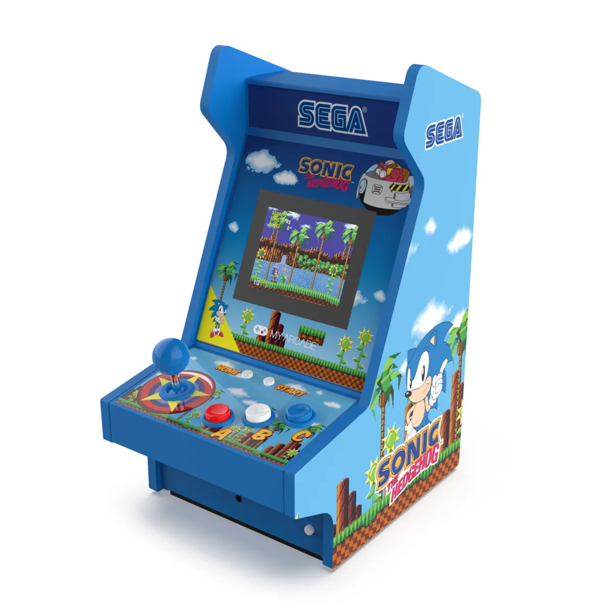 Sonic Mighty Player mini arcade cabinet in blue with SEGA marquee, joystick and Sonic side art