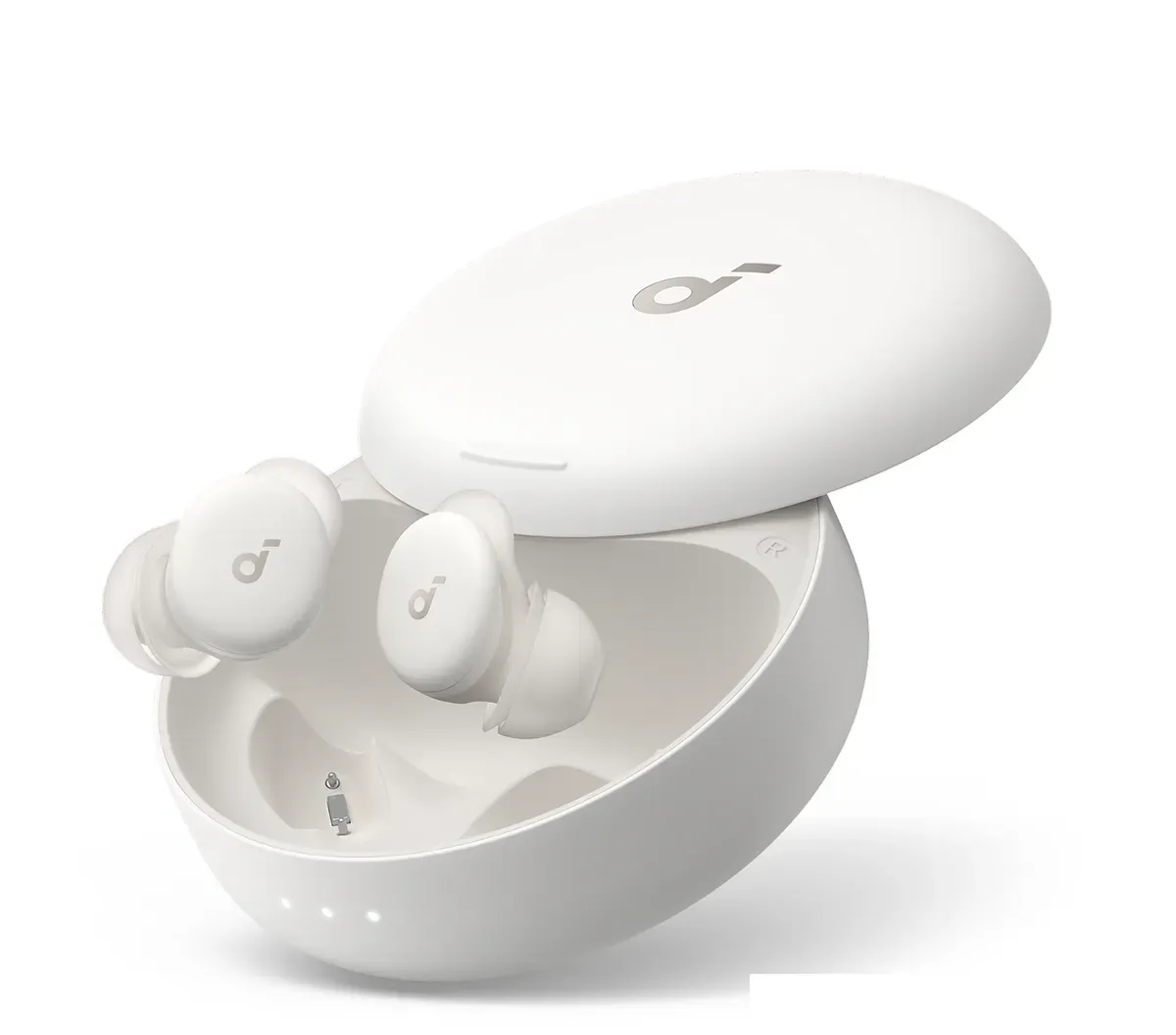 White Soundcore Sleep A30 earbuds in their charging case
