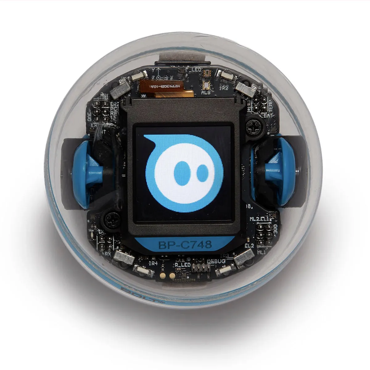 The Sphero BOLT+ robot ball with a small screen visible inside the clear shell