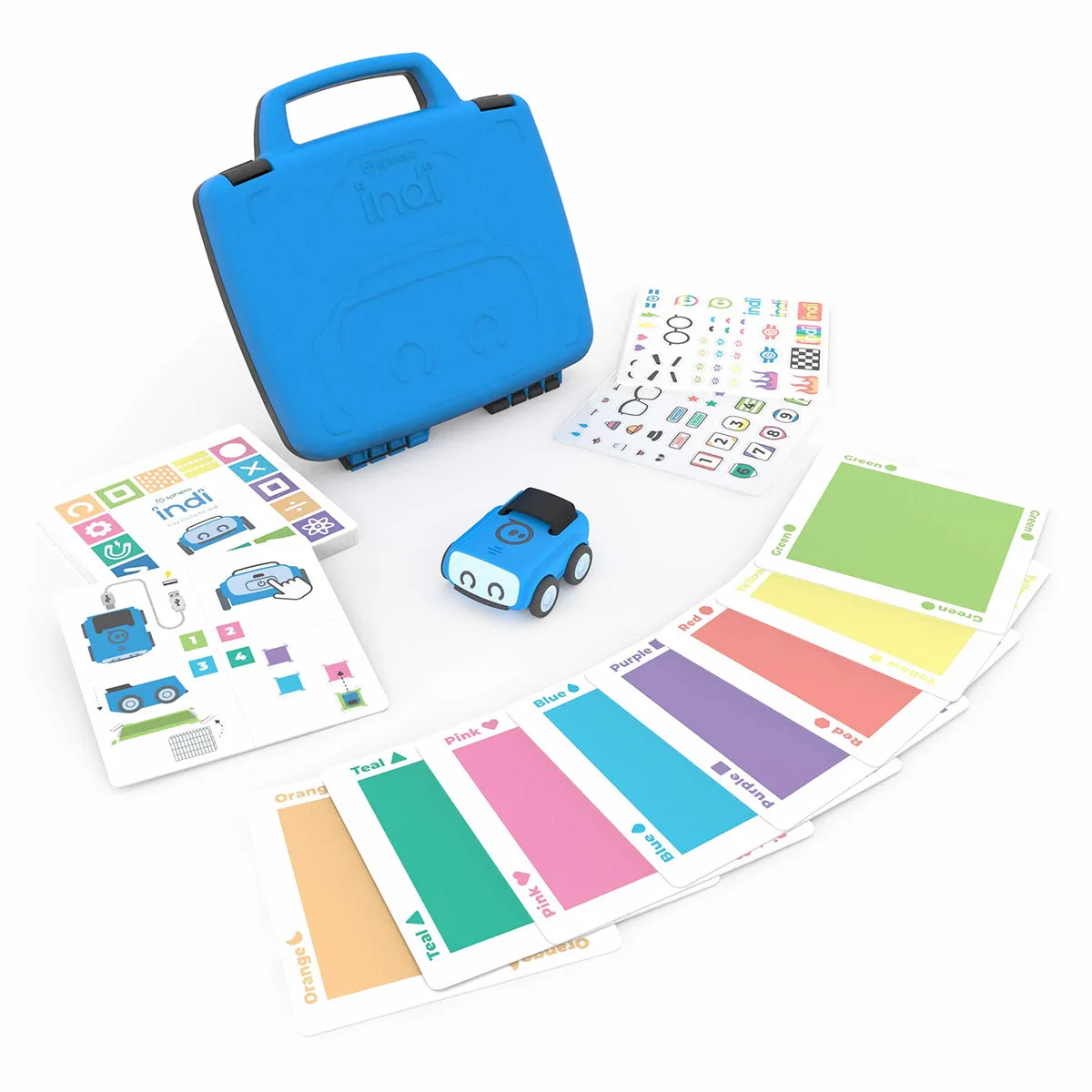 The Sphero indi robot car with its carry case, colored tiles and challenge cards