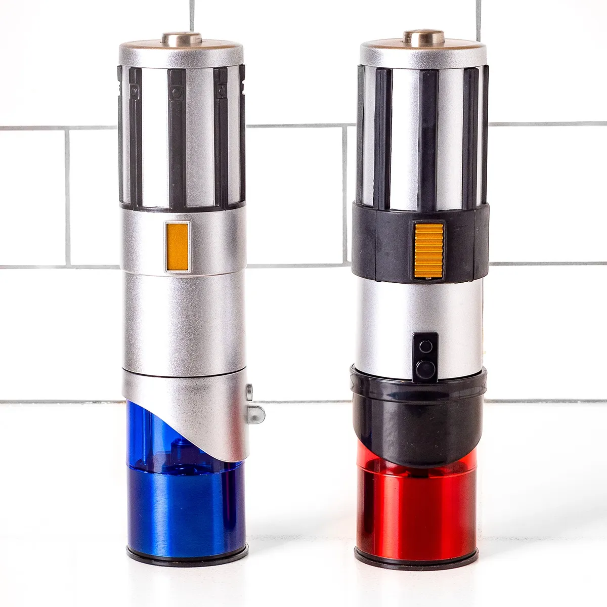 Star Wars lightsaber electric salt and pepper grinders with blue and red bases