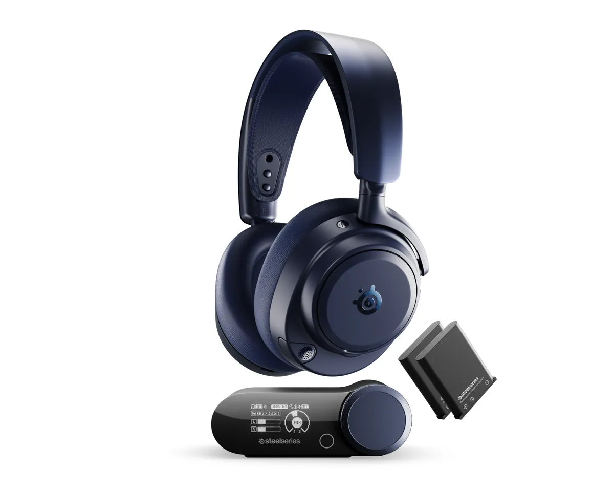 SteelSeries Arctis Nova Pro Omni headset in midnight blue with its base station and a spare battery
