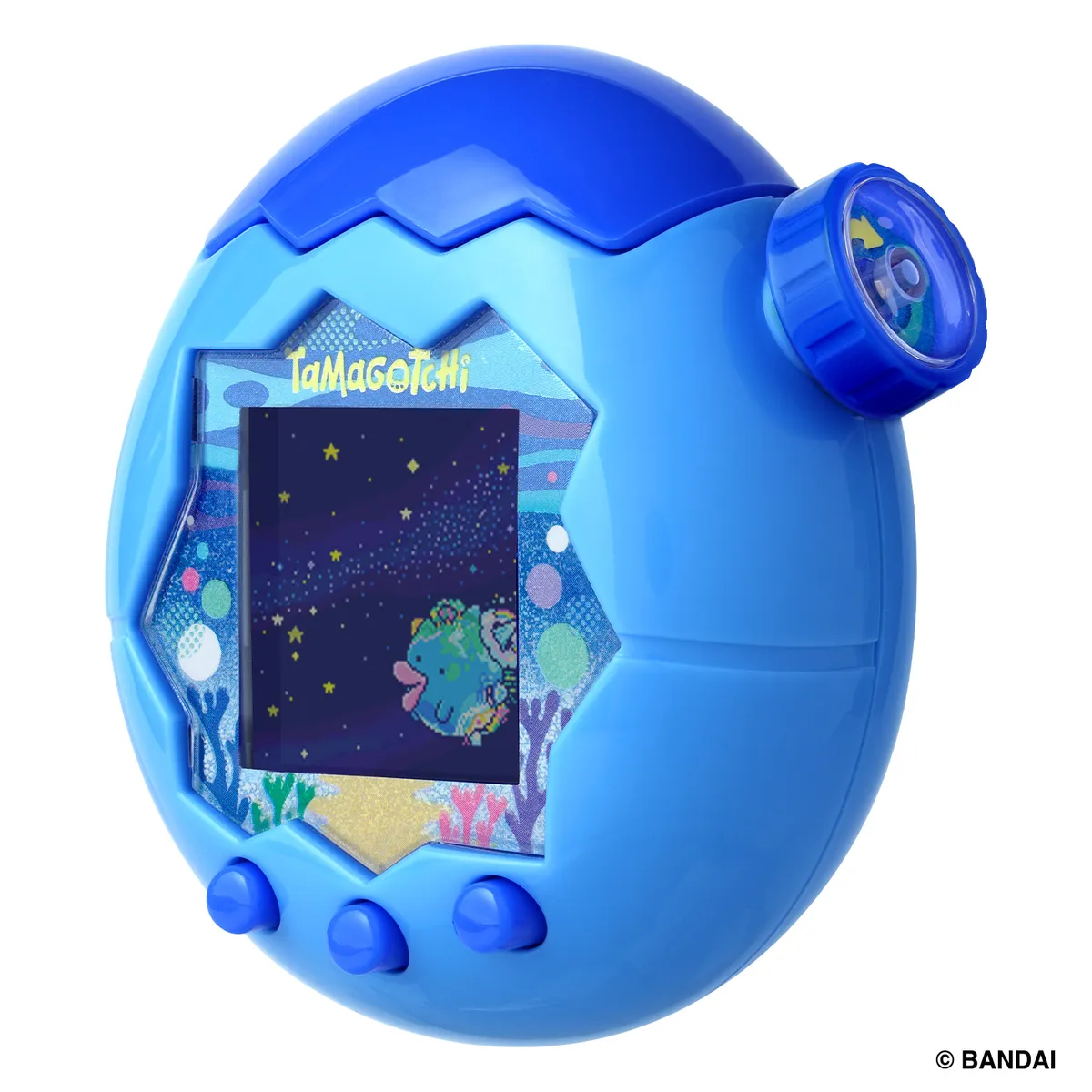 Tamagotchi Paradise in the Blue Water shell, seen at an angle with the zoom dial on the right