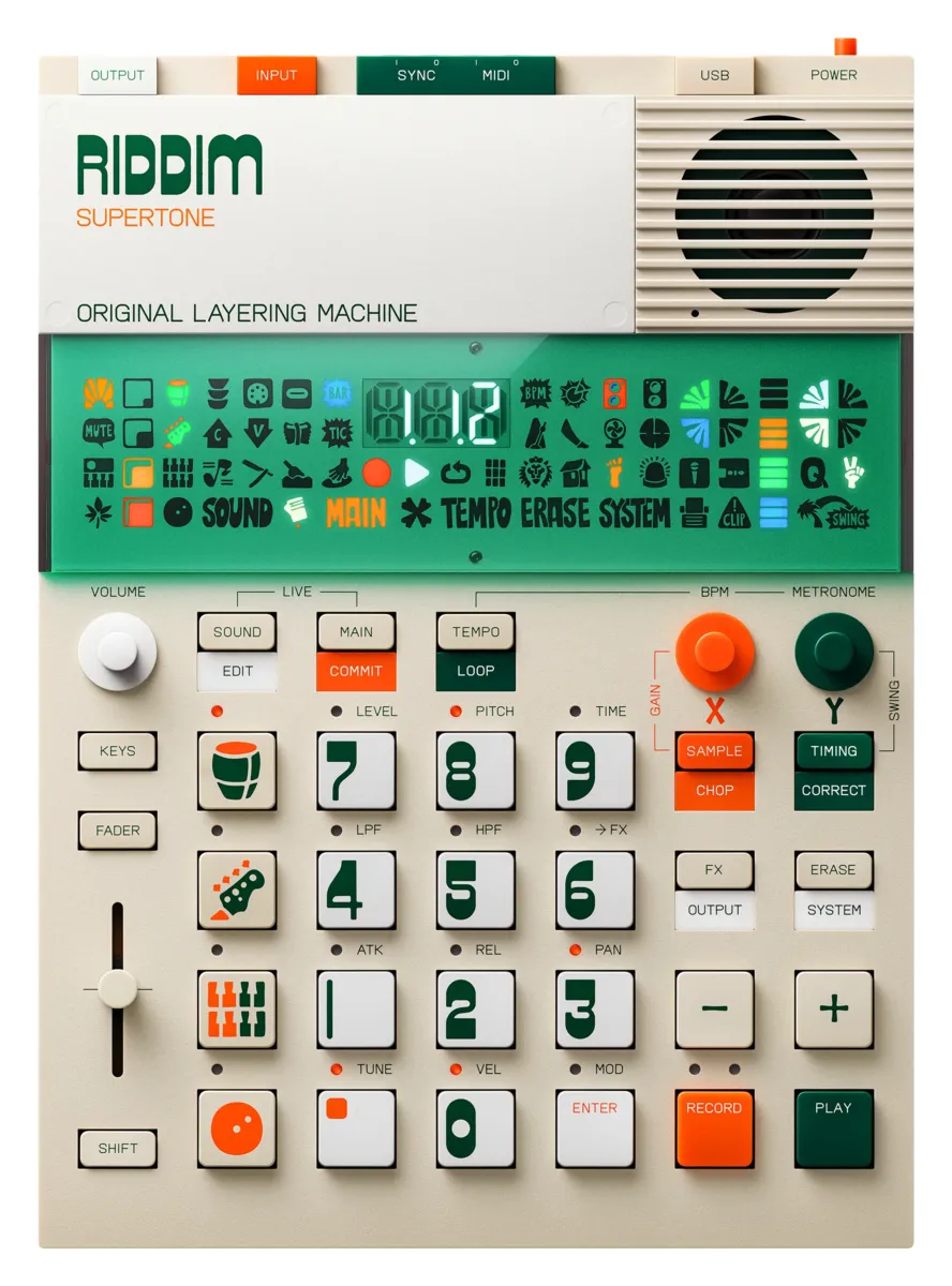 The Teenage Engineering EP-40 Riddim, a calculator-style sampler in cream with a green display and orange and green buttons
