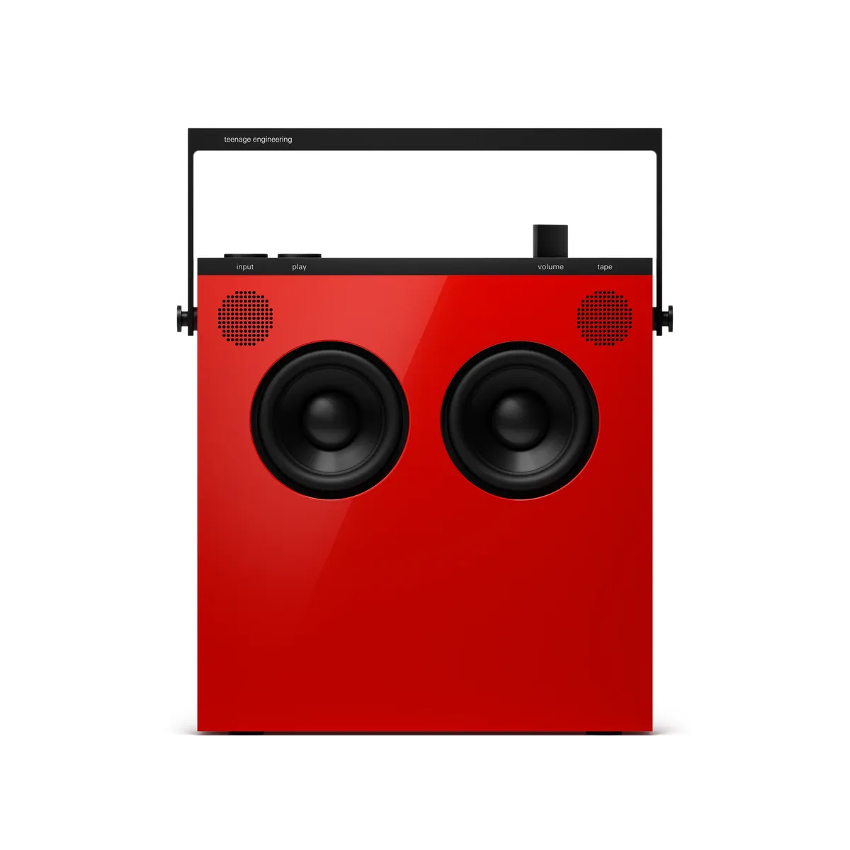 The Teenage Engineering OB-4 speaker in glossy red, front view, with two speaker drivers and a black carry handle