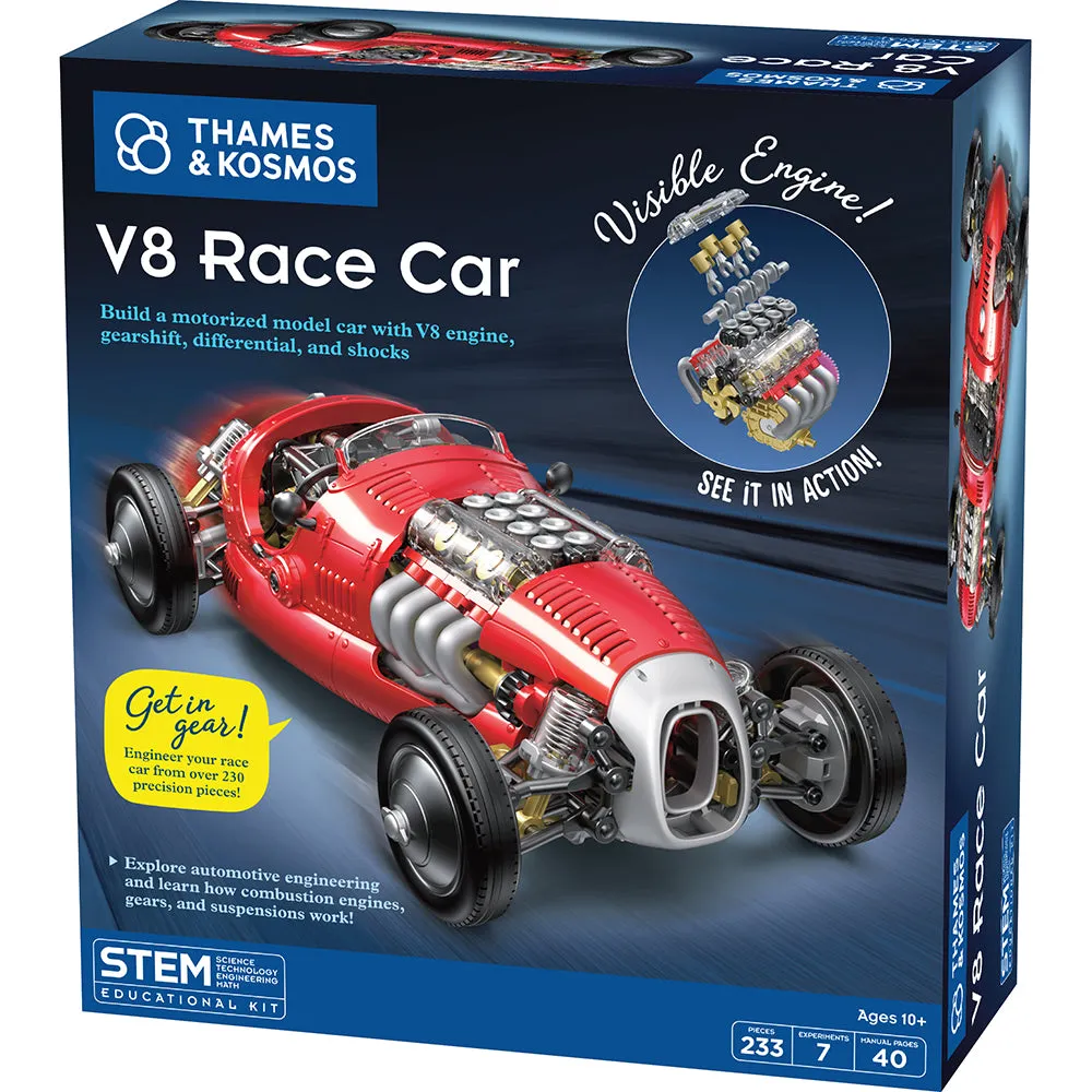 Thames & Kosmos V8 Race Car box with the red vintage race car and a close-up of the visible engine