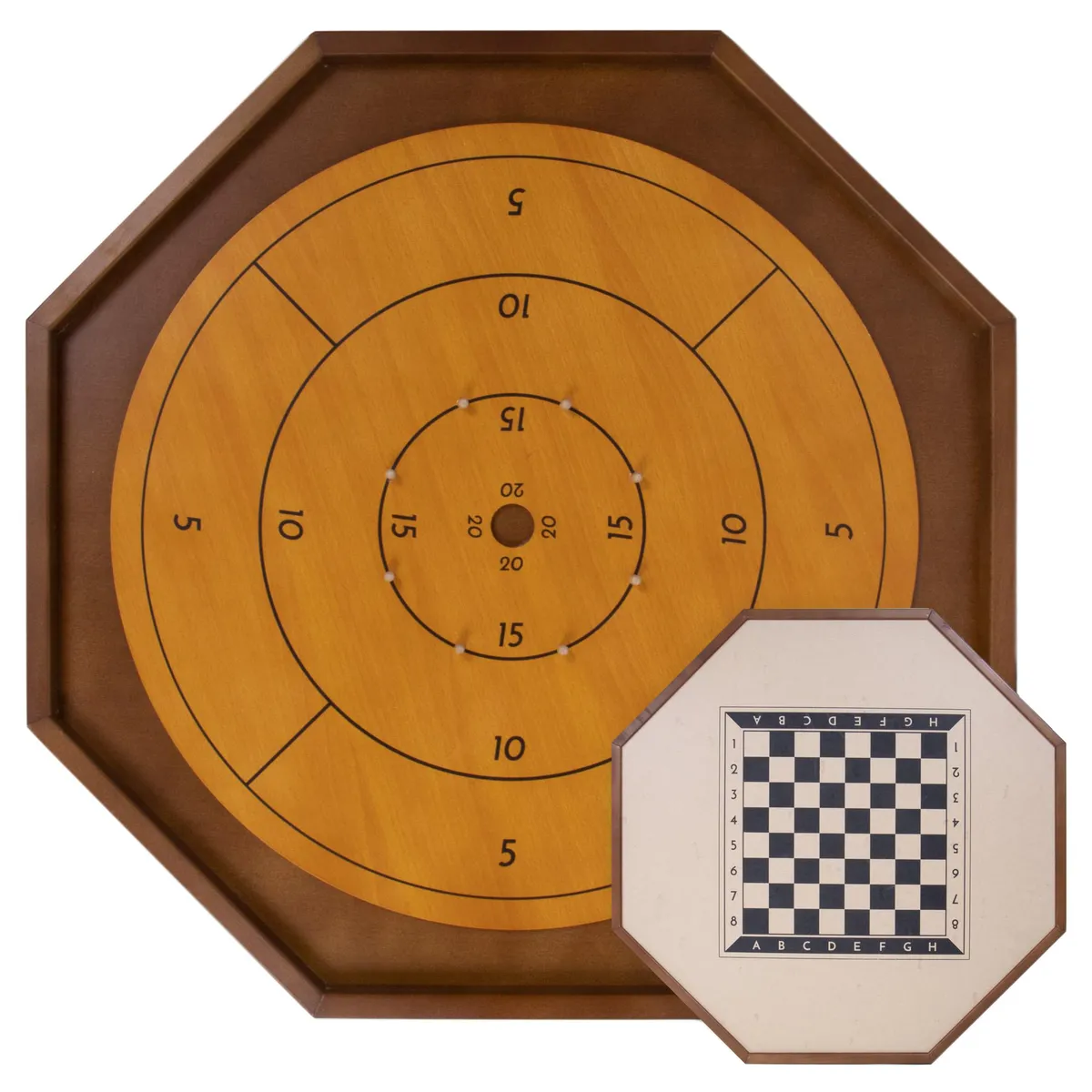 30-inch wooden tournament crokinole board with the checkers board on the back