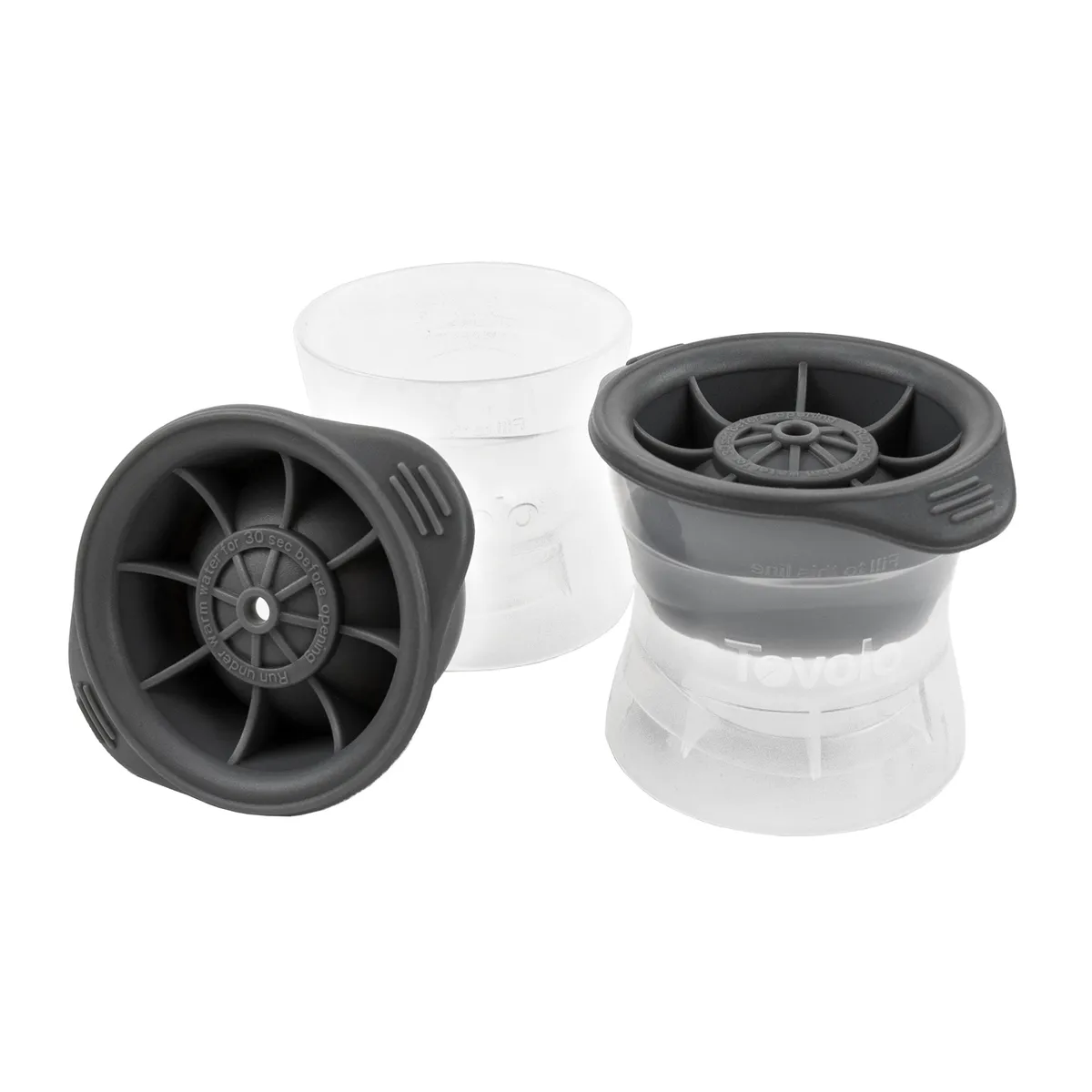 Two Tovolo sphere ice molds in charcoal silicone