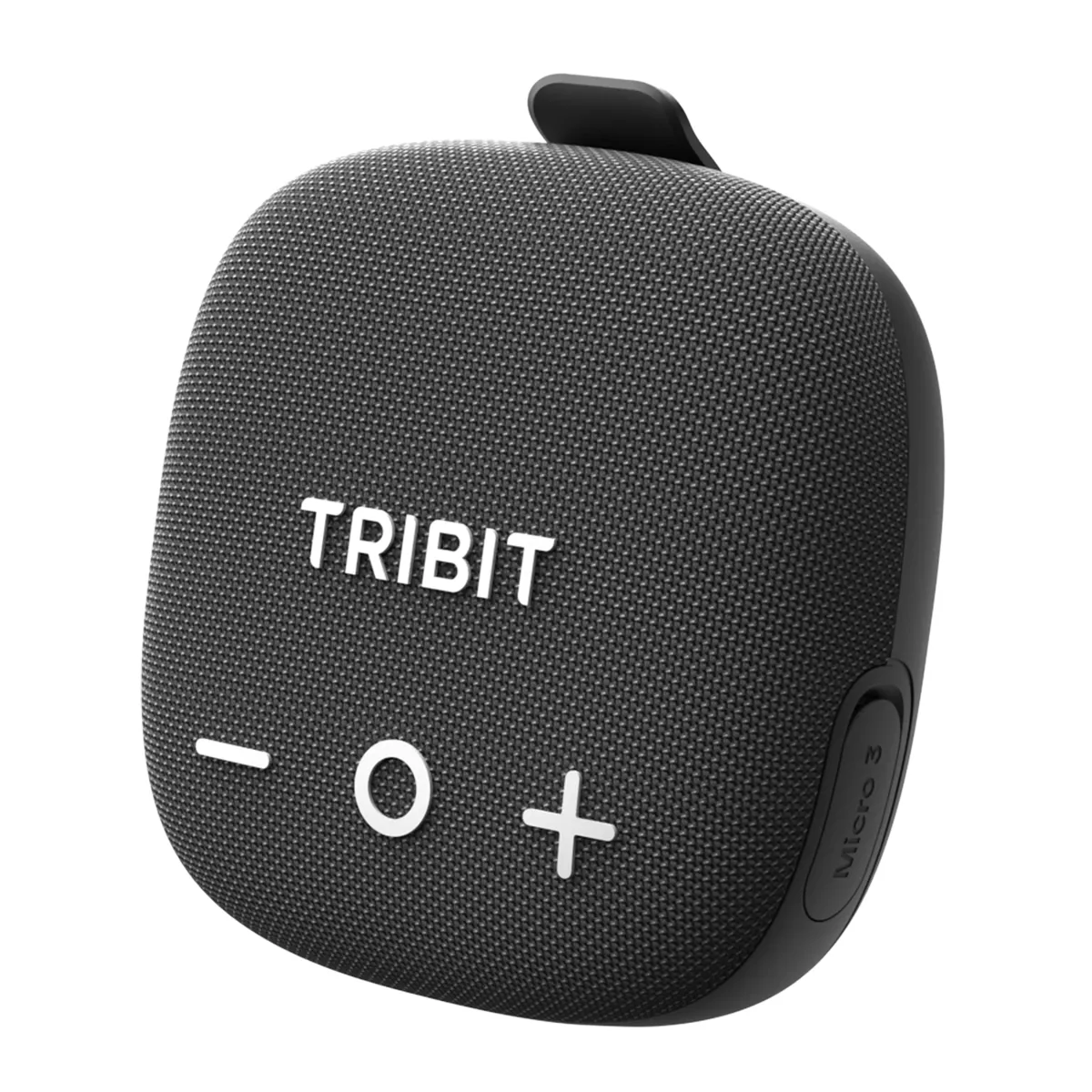The Tribit StormBox Micro 3 in black, seen at an angle with the strap on the back