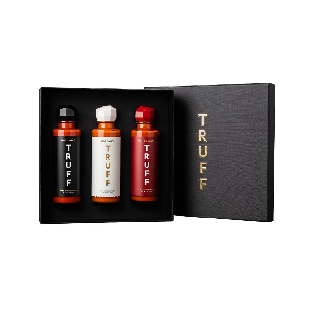TRUFF variety pack gift box with Original, Hotter and White truffle hot sauce bottles