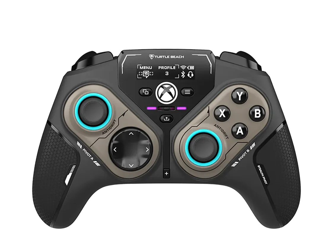 Turtle Beach Stealth Pivot controller seen from the front, with its small display above the Xbox button
