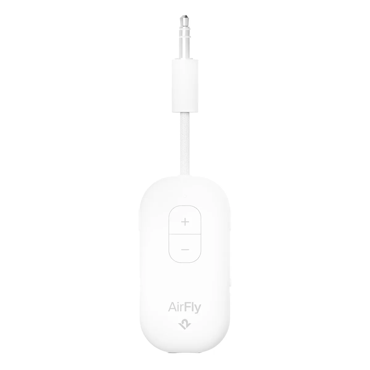 The white Twelve South AirFly Pro 2 with its attached headphone plug