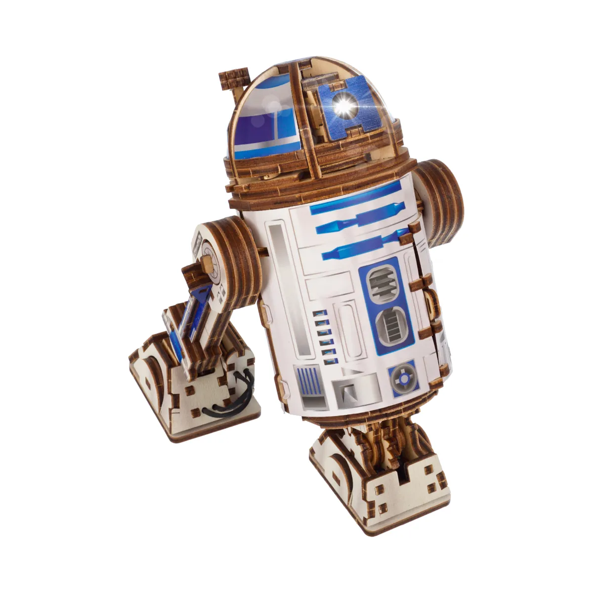 UGEARS R2-D2 wooden mechanical model kit, built, with blue and white printed panels and a lit projector eye