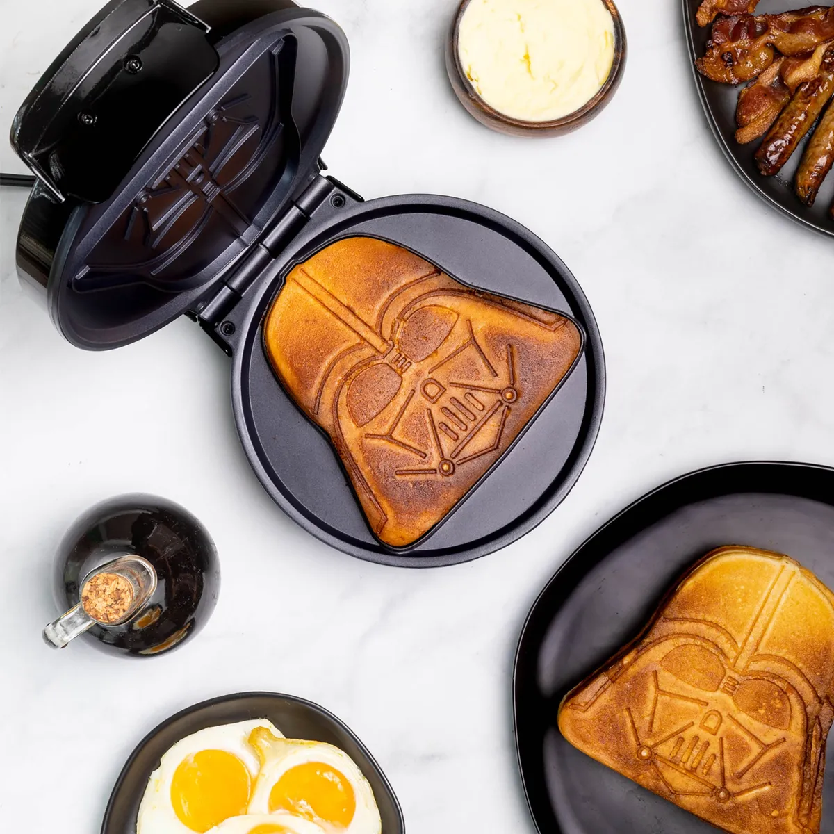 Uncanny Brands Darth Vader waffle maker with a helmet-shaped waffle