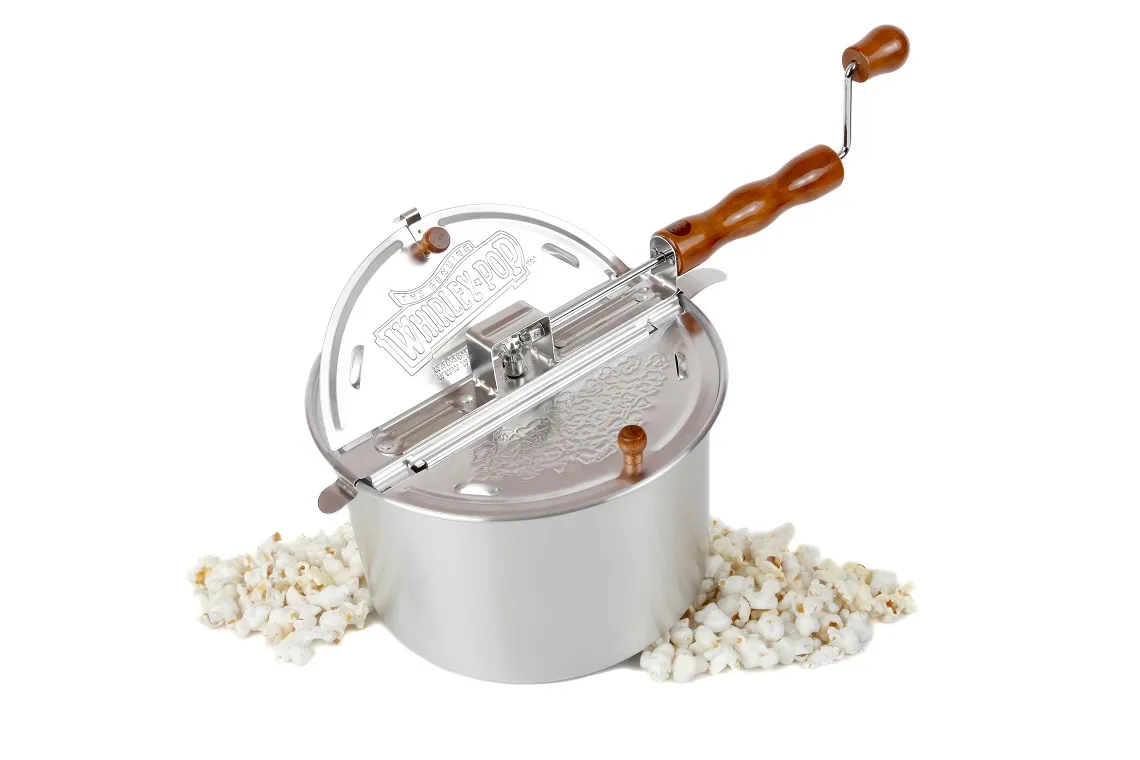 Silver Whirley Pop stovetop popcorn popper with wooden crank handle
