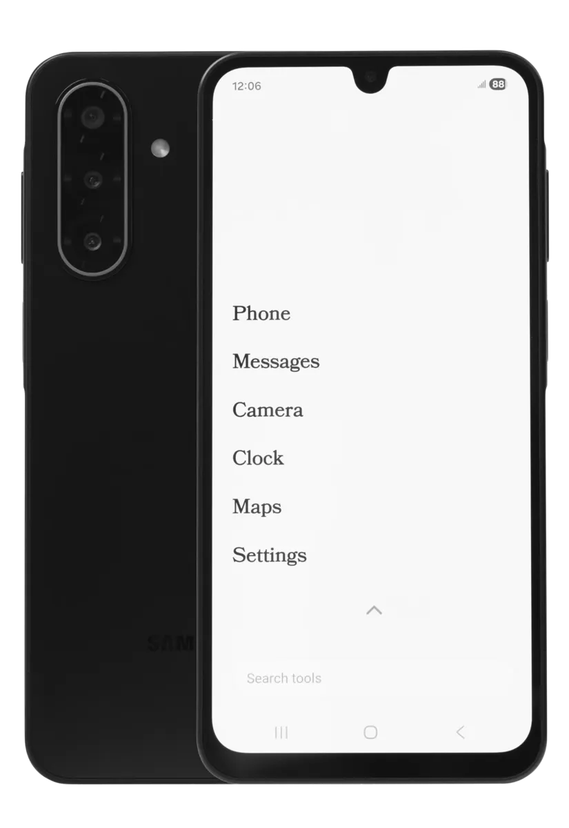 Black Wisephone II showing its text-only home screen