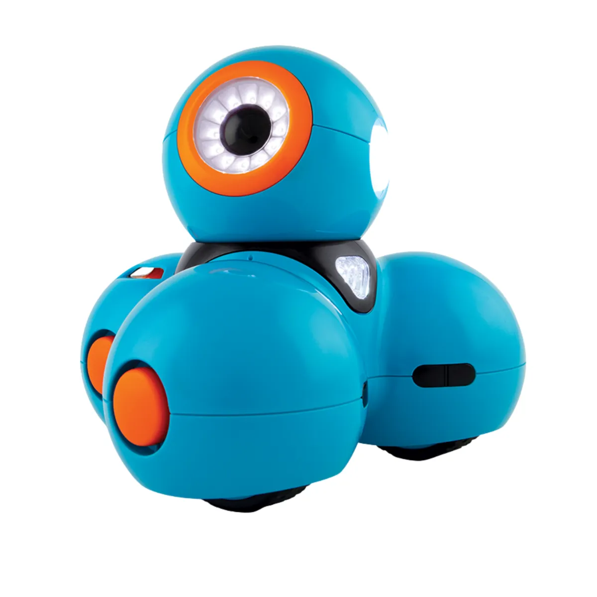 The blue Wonder Workshop Dash robot with its orange eye and wheels