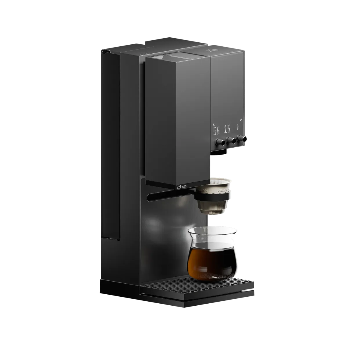 The xBloom Studio in Midnight Black with a dripper and a glass carafe