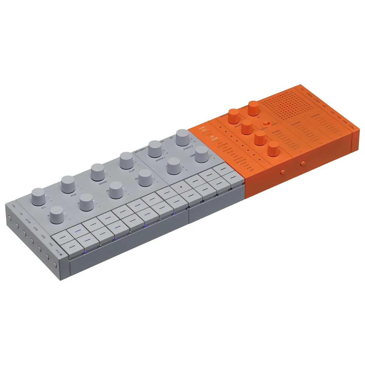 The Yamaha SEQTRAK in orange and light gray, angled view of the knobs, step buttons and speaker grille